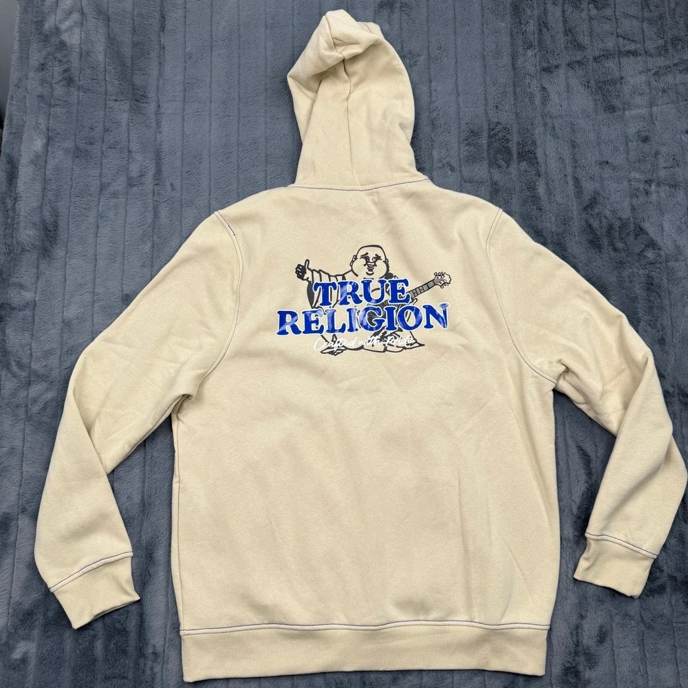 True Religion Mens Contrast TR Zip Hoodie Fog Beige Blue Buddha Logo 701400 XL
